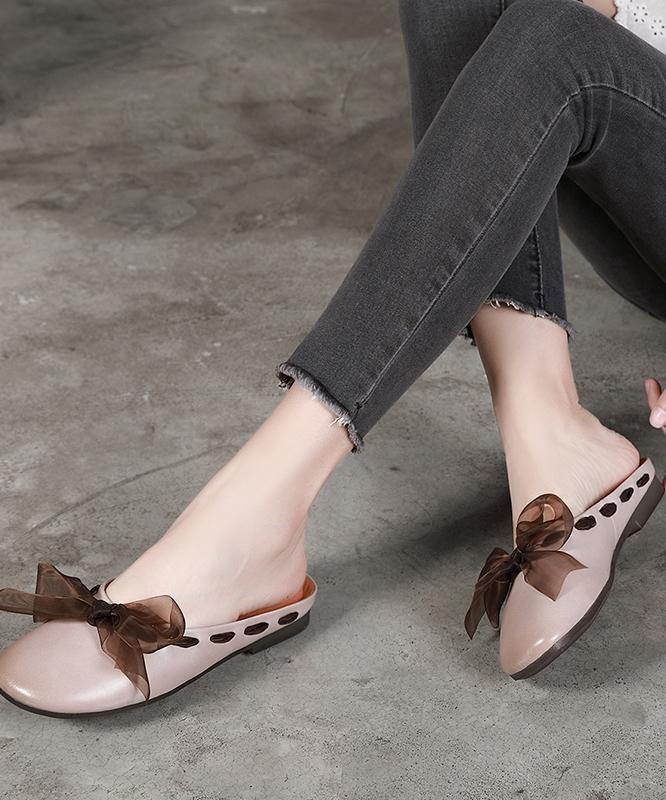 Lace Up Flat Shoes Brown Cowhide Leather Slippers