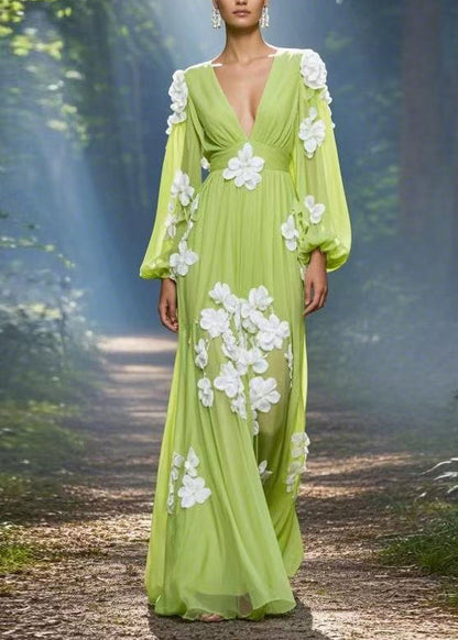 Classy Green V Neck Decorated Chiffon Maxi Dress Spring