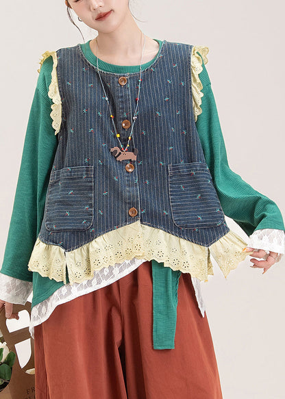Stylish Denim Blue Lace Patchwork Embroidered Waistcoat and Top Two Pieces Set Fall