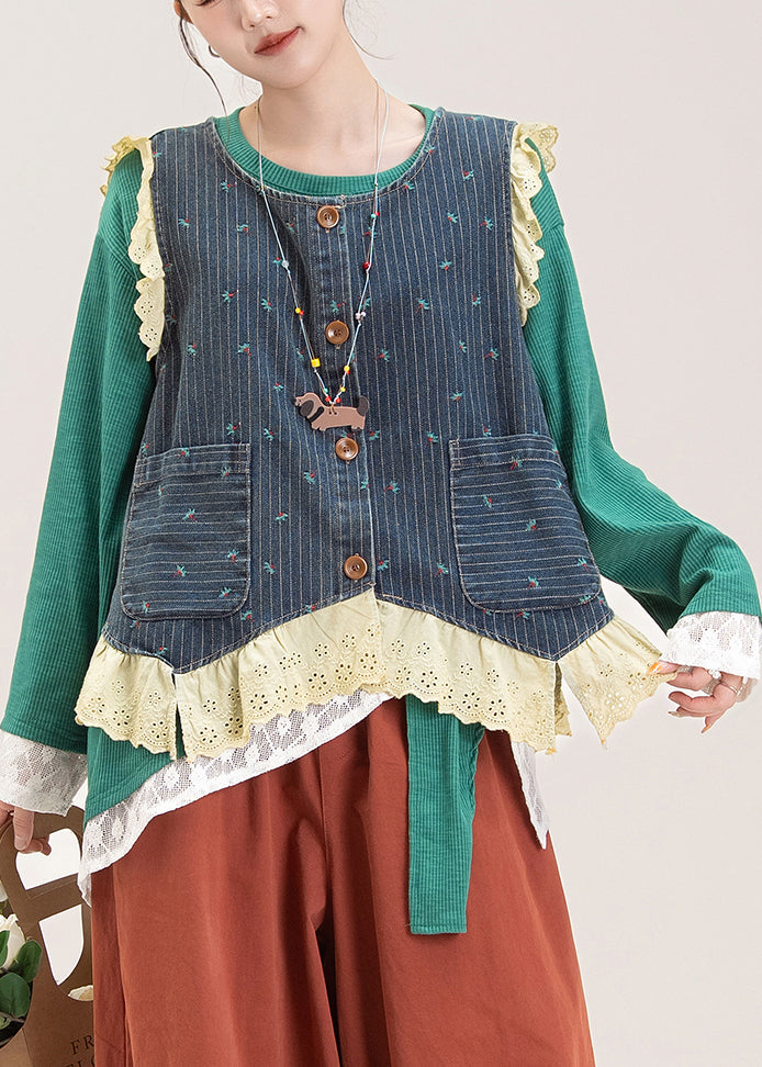 Stylish Denim Blue Lace Patchwork Embroidered Waistcoat and Top Two Pieces Set Fall