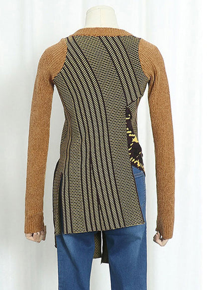 Unique Yellow O-neck Asymmetrical Patchwork Knit Tops Fall