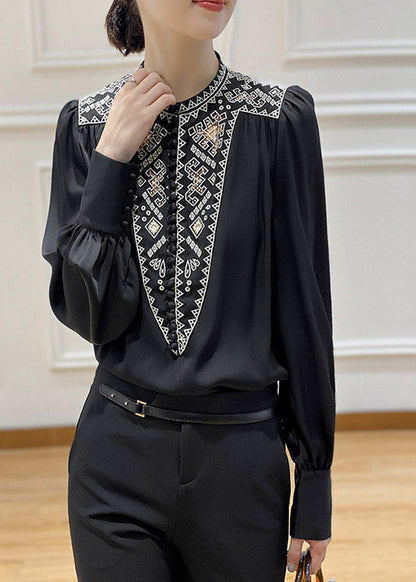 Black O-neck Hollow Out Button Silk Shirt Long Sleeve