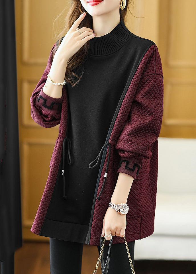 Mulberry Drawstring Patchwork Warm Fleece Sweatshirts Top Winter