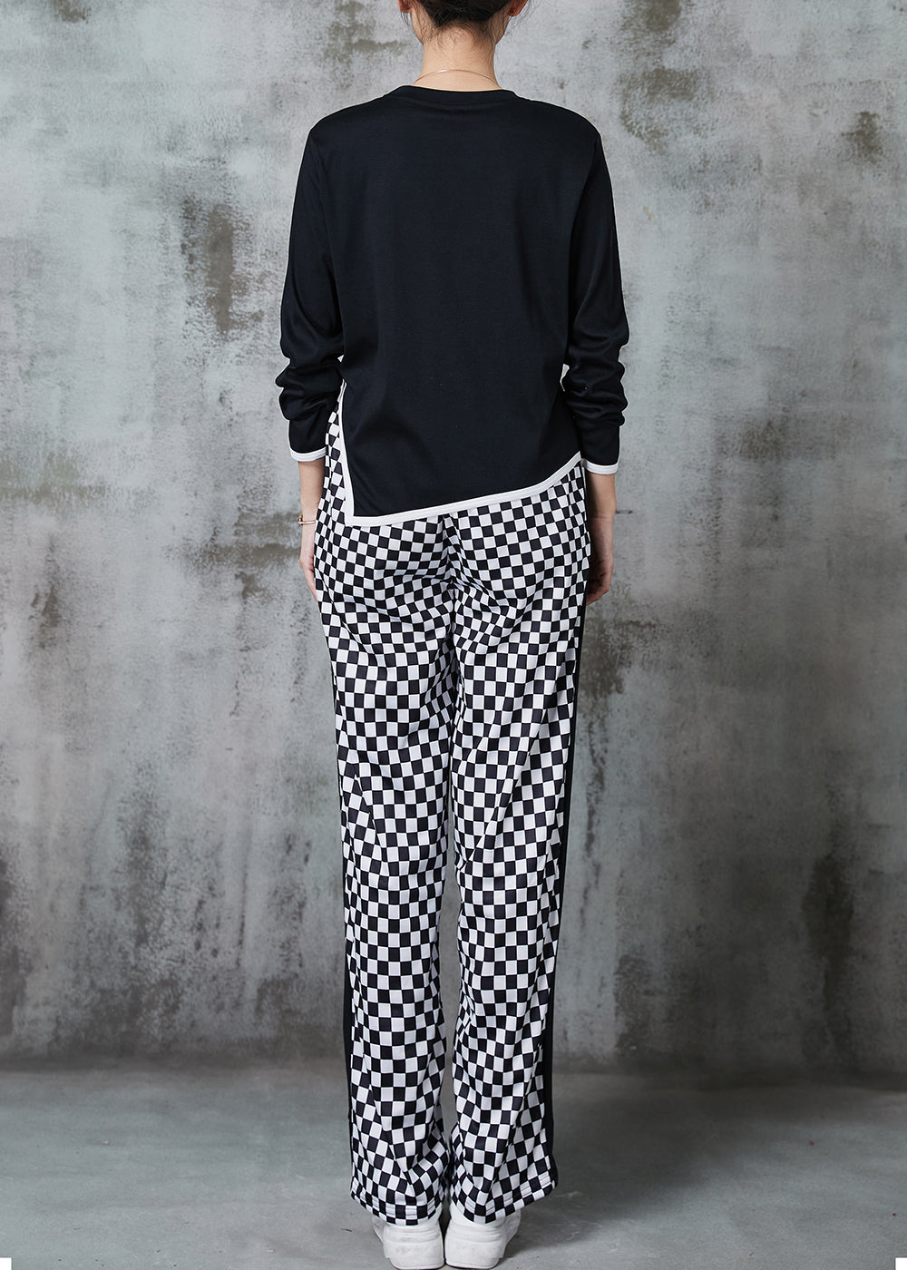 Black Plaid Side Open Cotton Two Pieces Set Spring