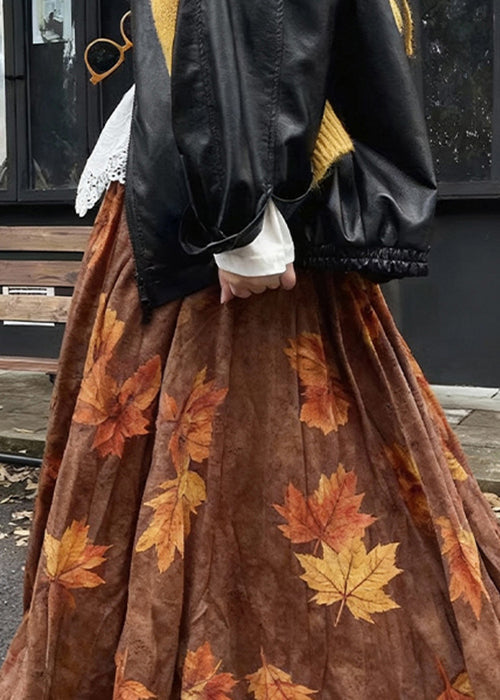 Coffee Leaves Print High Waist Cotton Skirt Fall