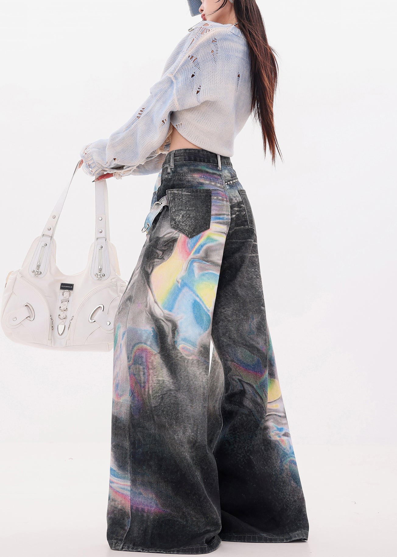 Black Oversized Tie Dye Denim Wide Leg Pants Fall