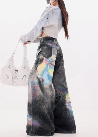 Black Oversized Tie Dye Denim Wide Leg Pants Fall
