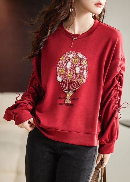 French Red O-neck Nail Bead Cozy Sweatshirt Fall