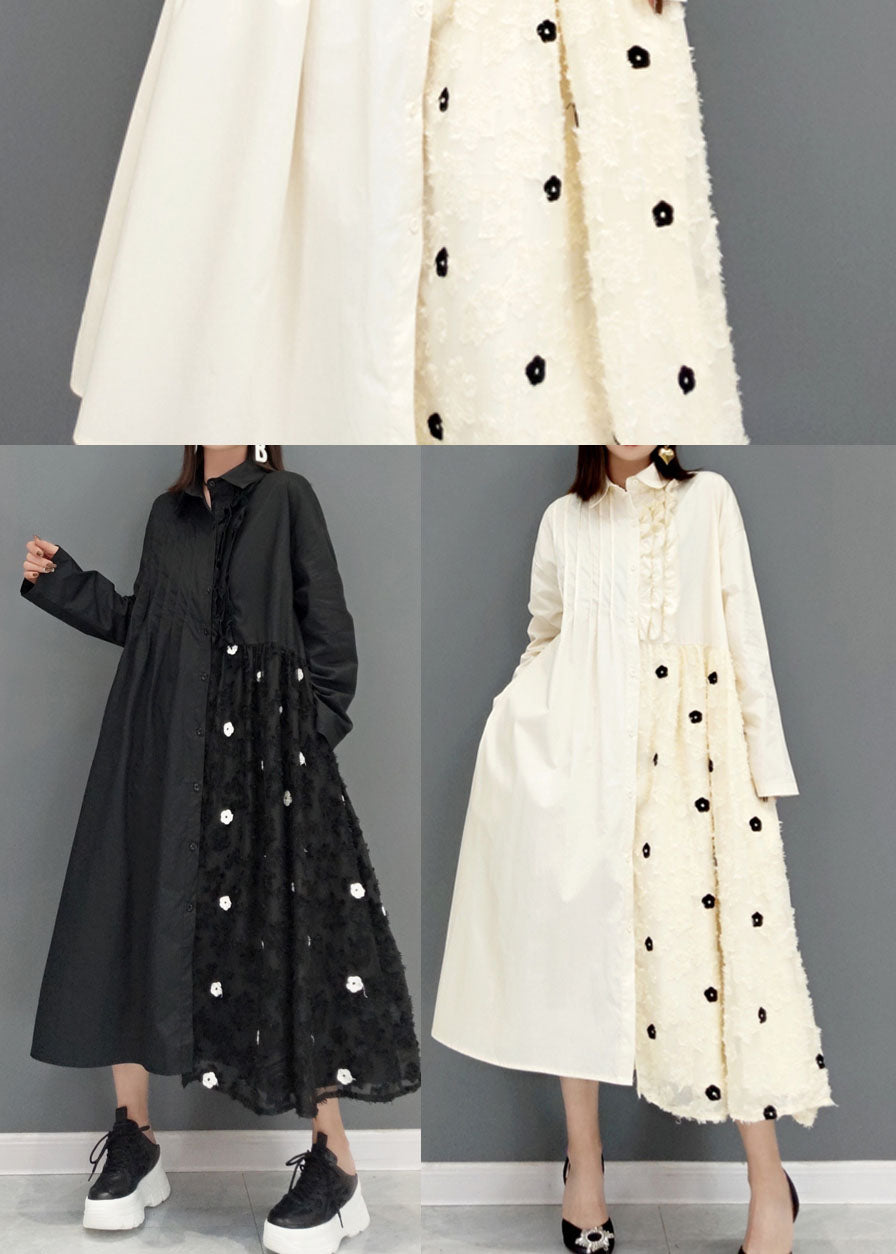Black Lace Patchwork Shirt Dresses Spring