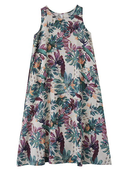 Print Exra Large Hem Cotton Loose Dress Sleeveless