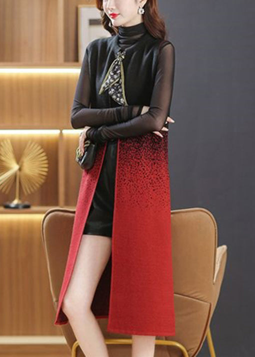 Black O Neck Pockets Lace Up Patchwork Woolen Long Waistcoat Sleeveless