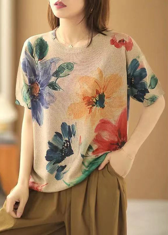 Loose Big Flower O-neck Cozy Cotton Knit Top Short Sleeve