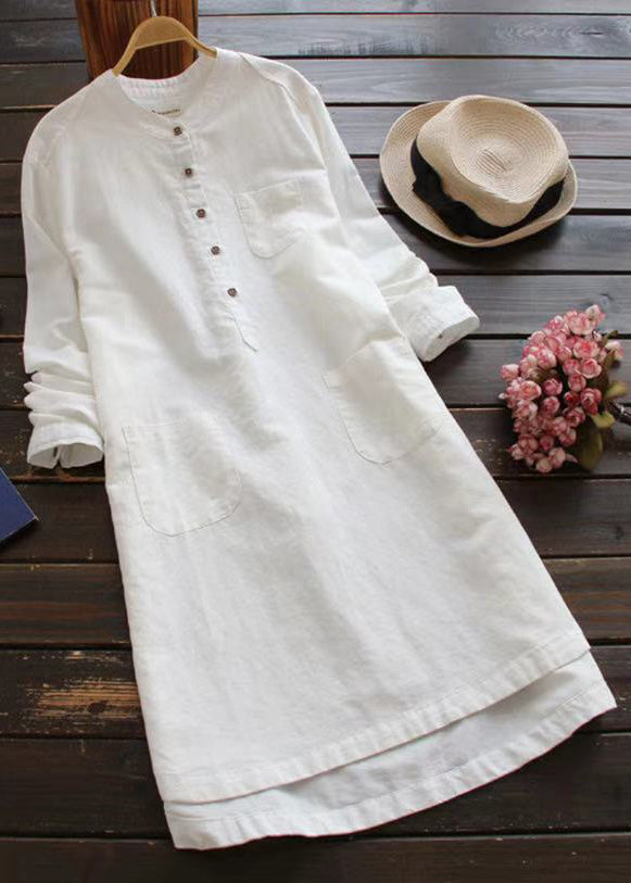 Loose White Button Pockets Linen Shirt Dresses Long Sleeve Fall
