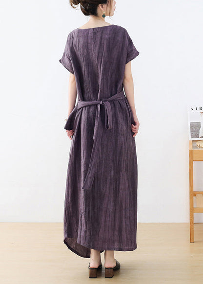 Purple O-neck Wrinkled Linen Long Dresses Short Sleeve