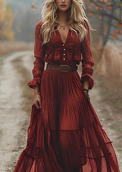 Red V Neck Wrinkled Patchwork Cotton Maxi Dresses Long Sleeve