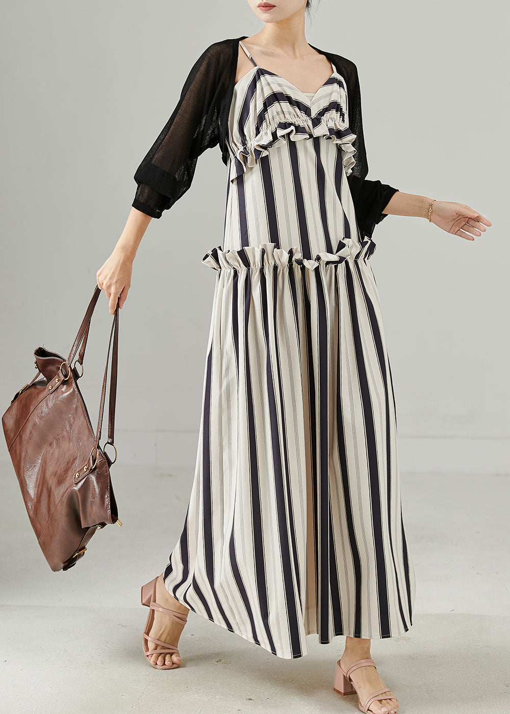 Khaki Ruffled Striped Cotton Sets 2 Pieces Fall