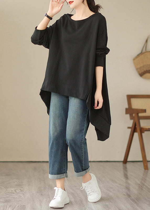 Black O Neck Low High Design Cotton Tops Spring
