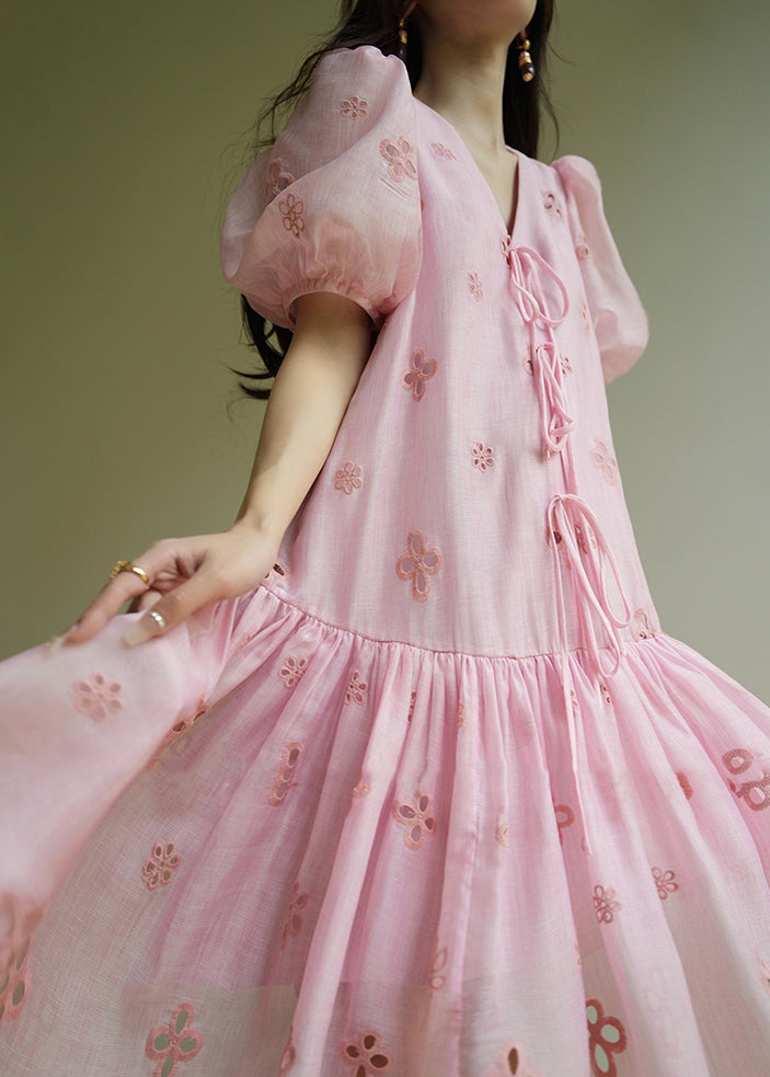 Pink Embroidered Tie Lace Mid Dress Summer