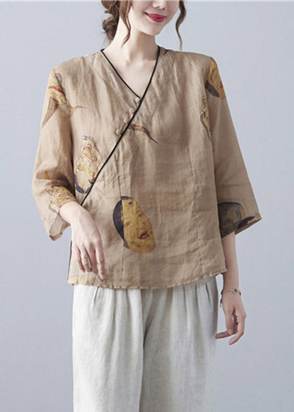 Organic Brown V Neck Print Button Top Three Quarter Sleeve