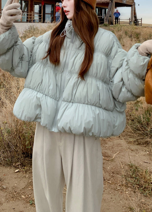 Blue Wrinkled Drawstring Duck Down Puffer Coat Winter