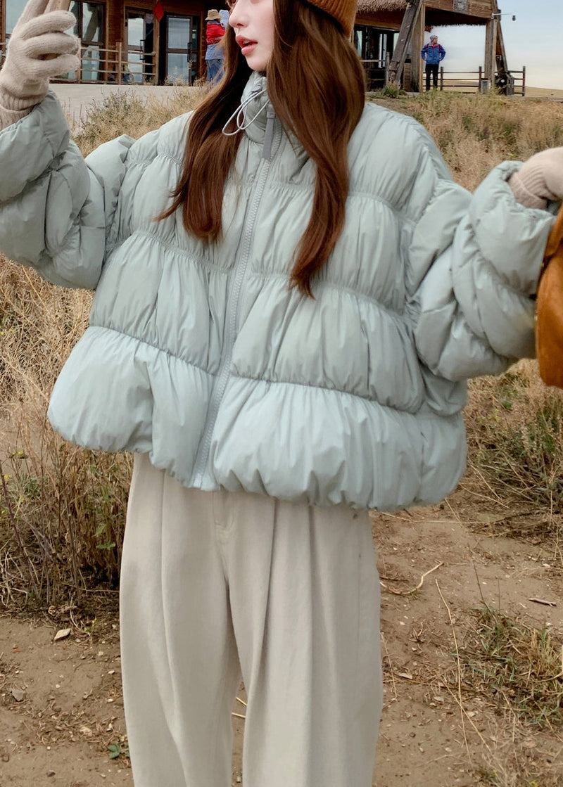 Blue Wrinkled Drawstring Duck Down Puffer Coat Winter