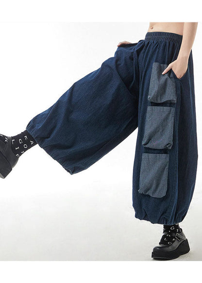 Blue Pockets Patchwork Harem Pants Spring