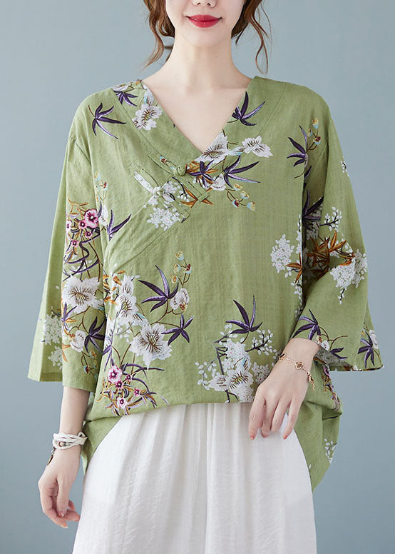 Green V Neck Print Cotton Shirt Tops Bracelet Sleeve