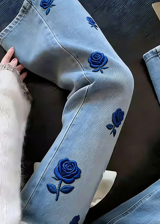 Classy Blue Embroidered Denim Straight Pants Spring