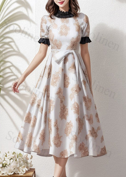 White Ruffled Print Tie Waist Silk Dress Summer