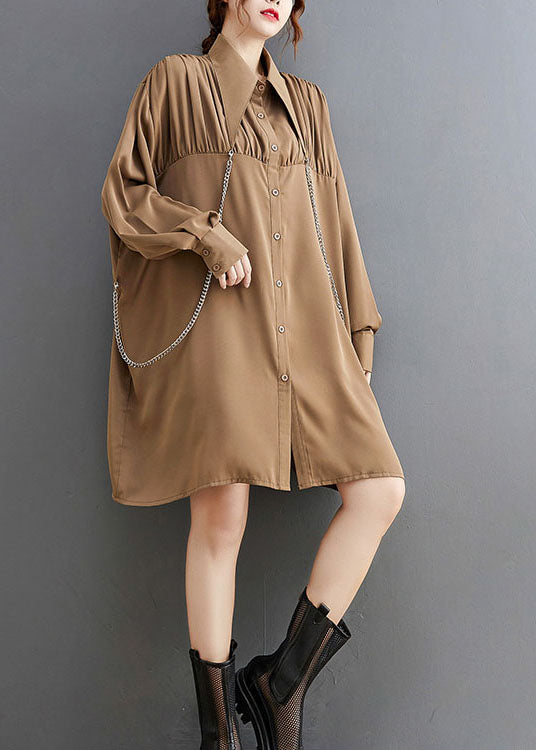 Khaki Wrinkled Button Holiday Shirt Dress Long Sleeve
