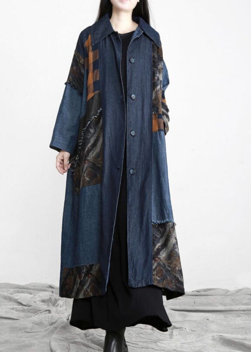 New Denim Blue Patchwork Button Tie Waist Fall Trench Coats