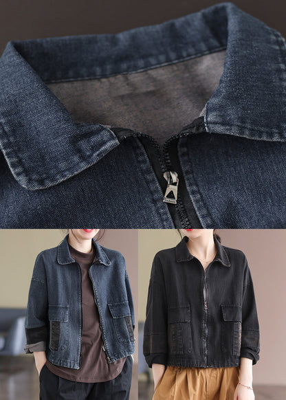 Blue Peter Pan Collar Patchwork Pockets Denim Coats Long Sleeve