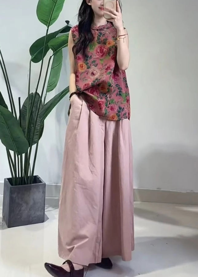 Chinese Style Rose Print Tops and Pink Pockets Pants Cotton Two Piece Set Sleeveless