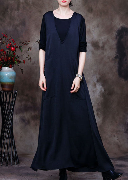 Black V Neck Pockets Silk Maxi Dresses Sleeveless