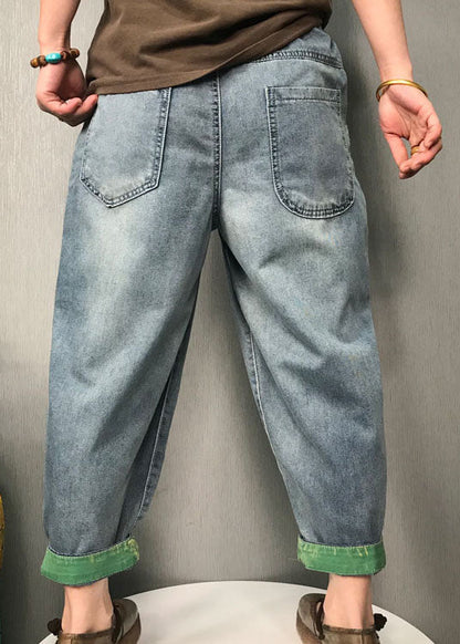 Organic Blue Embroideried Harem Denim Pants Spring