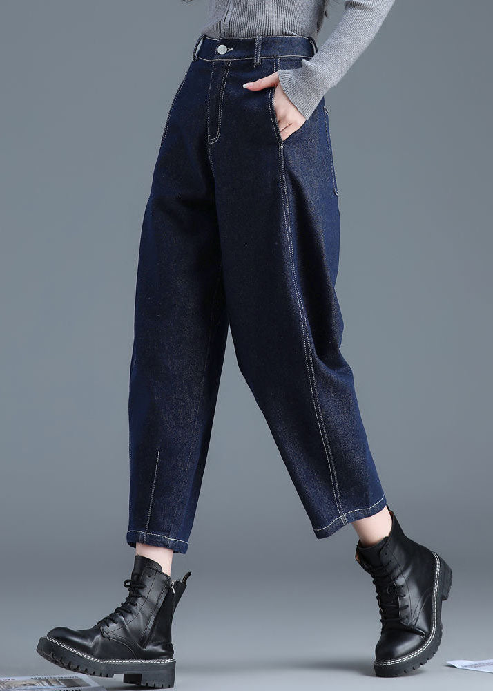 Blue High Waist Pockets Cotton Denim Harem Pants Summer