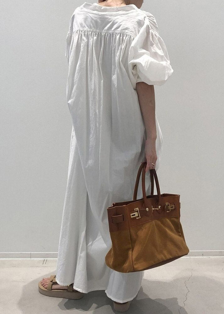 Retro White V Neck Cozy Cotton Maxi Dress Long Sleeve