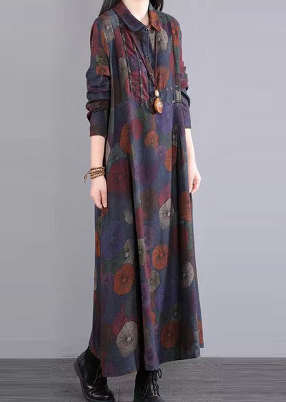 Purple Peter Pan Collar Patchwork Cotton Maxi Dresses Fall