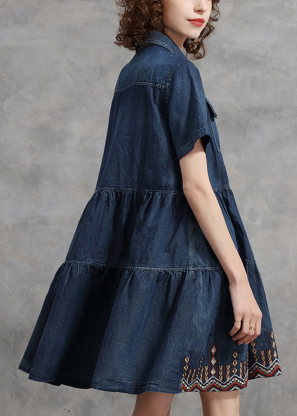 Denim Blue Peter Pan Collar Embroideried Cotton Shirt Dress Short Sleeve