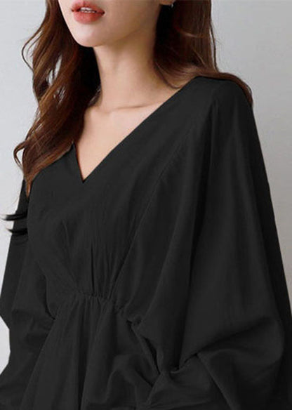 Black V Neck Wrinkled Patchwork Cotton Shirts Tops Lantern Sleeve