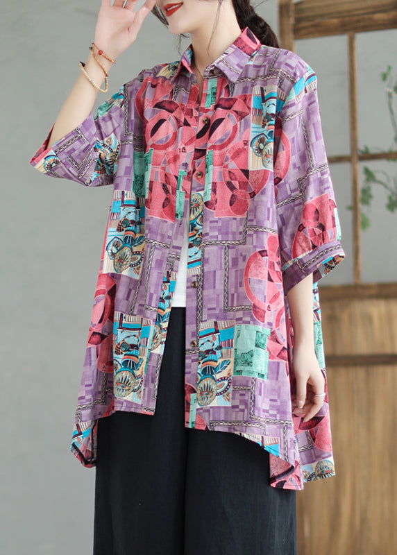 Purple Print Low High Design Linen Long Shirts Summer