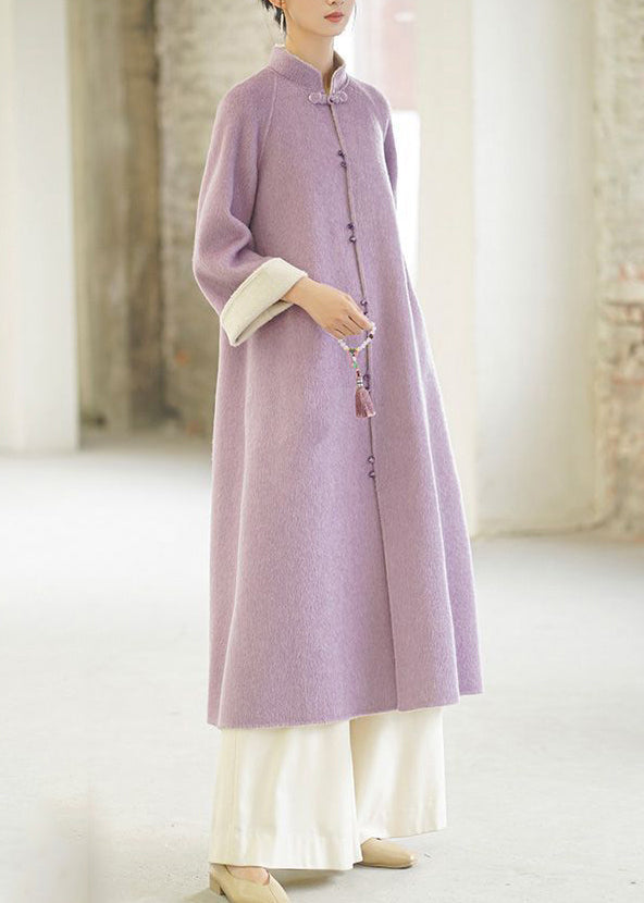 Purple Stand Collar Pockets Button Woolen Coats Winter