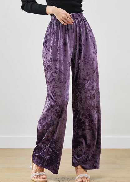 Purple Elastic Waist Silk Velvet Straight Pants Spring
