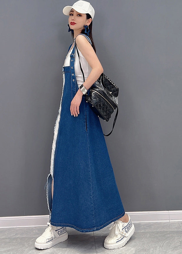 Denim Blue Asymmetrical Design Patchwork Cotton Fake Two Piece Strap Dress Summer
