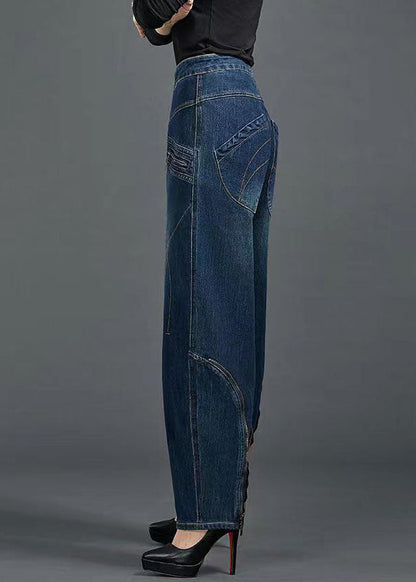 Blue High Waist Flatering Zip Up Pockets Cotton Denim Pants Summer