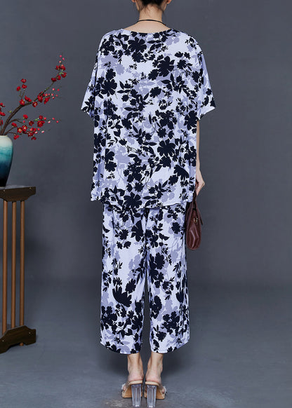 Art White O-neck Leaf Print Cotton Two Pieces Set Summer