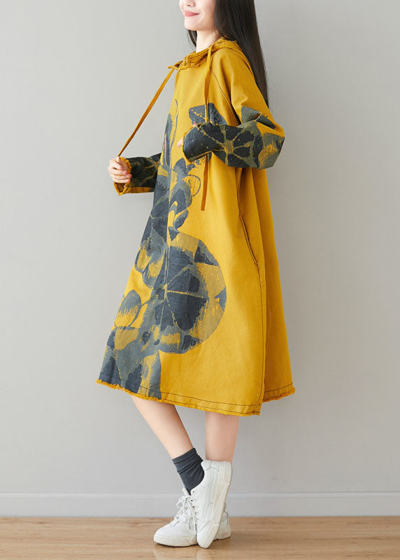 Fine Yellow Drawstring Hooded Print Pullover Dresses Spring