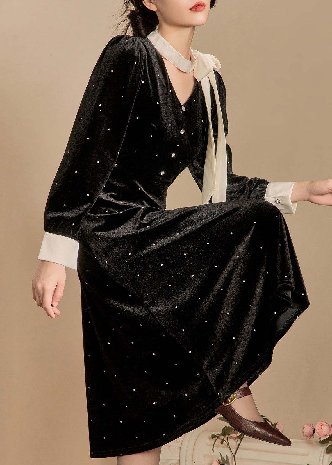 French Black Bow Dot Silk Velour Long Dress Winter
