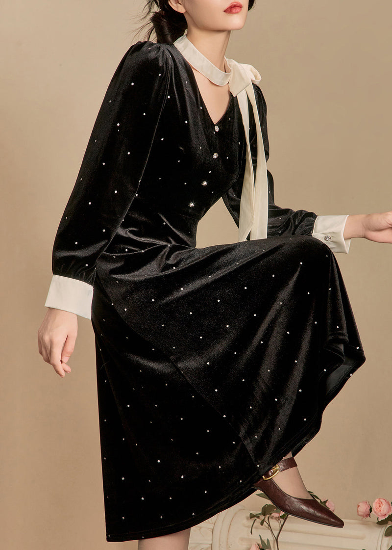 French Black Bow Dot Silk Velour Long Dress Winter