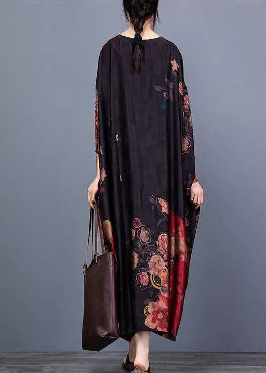 Black O-neck Print Chiffon Vacation Dresses Batwing Sleeve